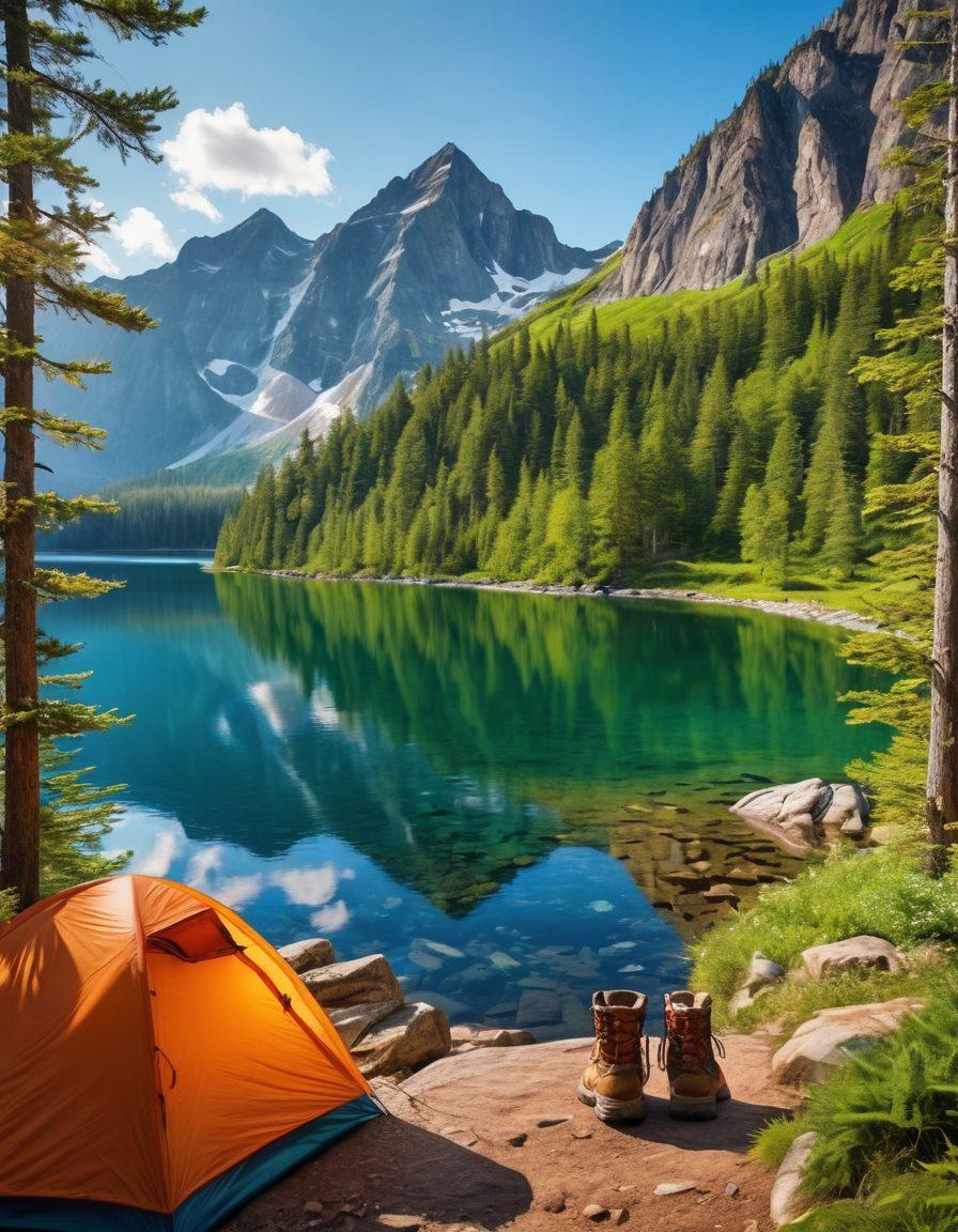 A breathtaking landscape showcasing a lush green forest with a clear blue sky, a cozy campsite featuring a colorful tent and a crackling campfire, surrounded by towering mountains and a serene lake reflecting the scenery. Include essential camping gear like backpacks, hiking boots, and a map scattered around to illustrate preparation for adventures. Nature-inspired colors and textures should enhance the overall sense of adventure and exploration. vibrant colors. super-realistic.
