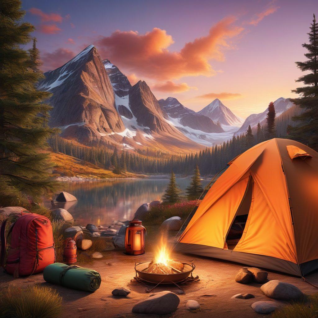 A cozy campsite scene featuring a colorful tent surrounded by essential camping gear like a lantern, a backpack, and a campfire, with a stunning sunset in the background. The foreground includes a scenic view of mountains and trees, enhancing the outdoor vibe, and evoking a sense of adventure. Include vibrant colors and details to highlight each essential item. super-realistic. vibrant colors. 3D.