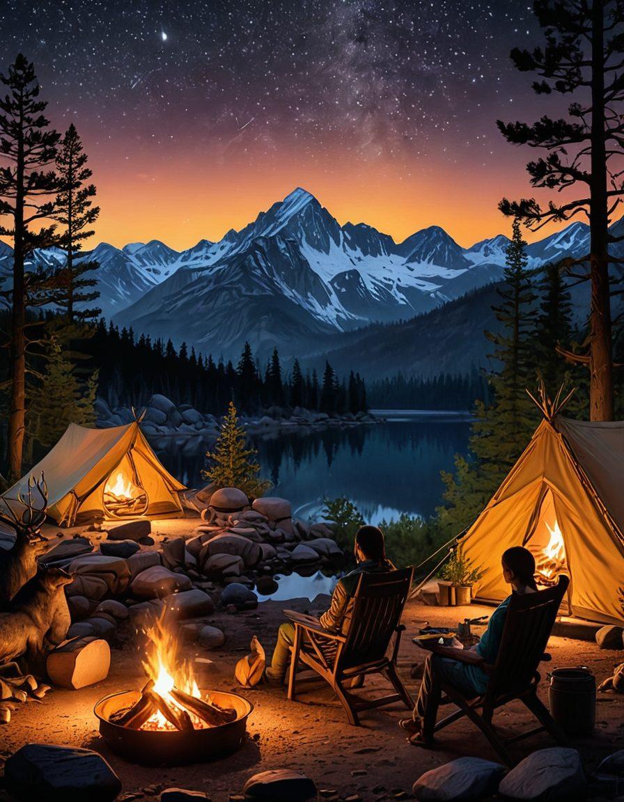 A serene camping scene showcasing a flickering campfire surrounded by a diverse landscape of wildlife, including deer and birds, with a backdrop of majestic mountains and a starry night sky. The scene should evoke warmth and adventure, incorporating cooking elements like a pot and skewers. Use earthy tones with vibrant highlights to create an inviting atmosphere. super-realistic. vibrant colors. night sky.